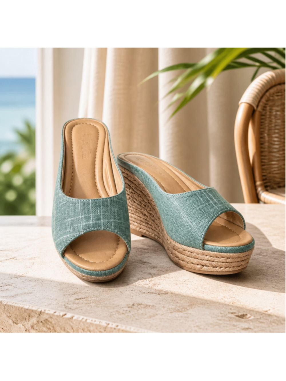 Chinese Laundry Teal Beige Woven Textile Mule Wedge Peep Toe Sandals Size 8.5